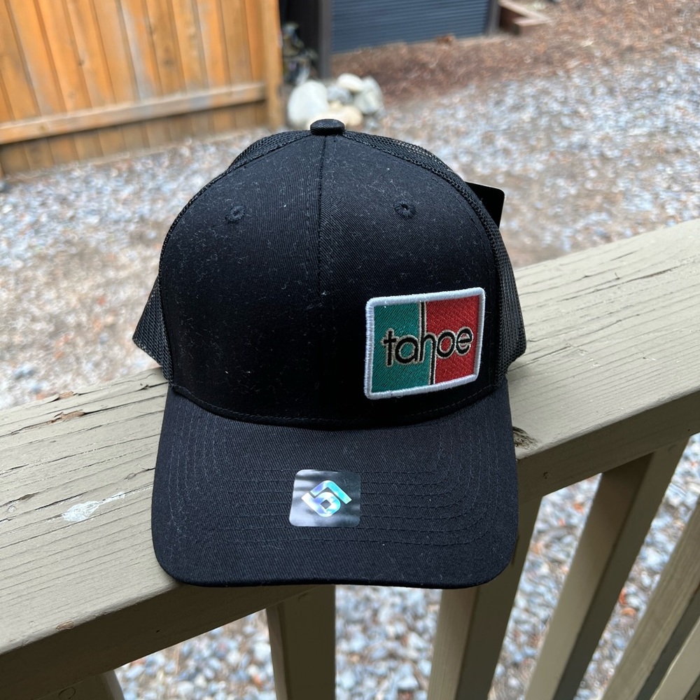 Base Level Lake Tahoe black trucker hat